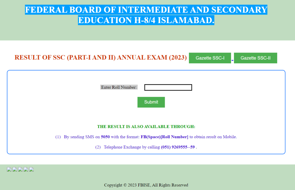 9th Class result 2023 Federal Board website view